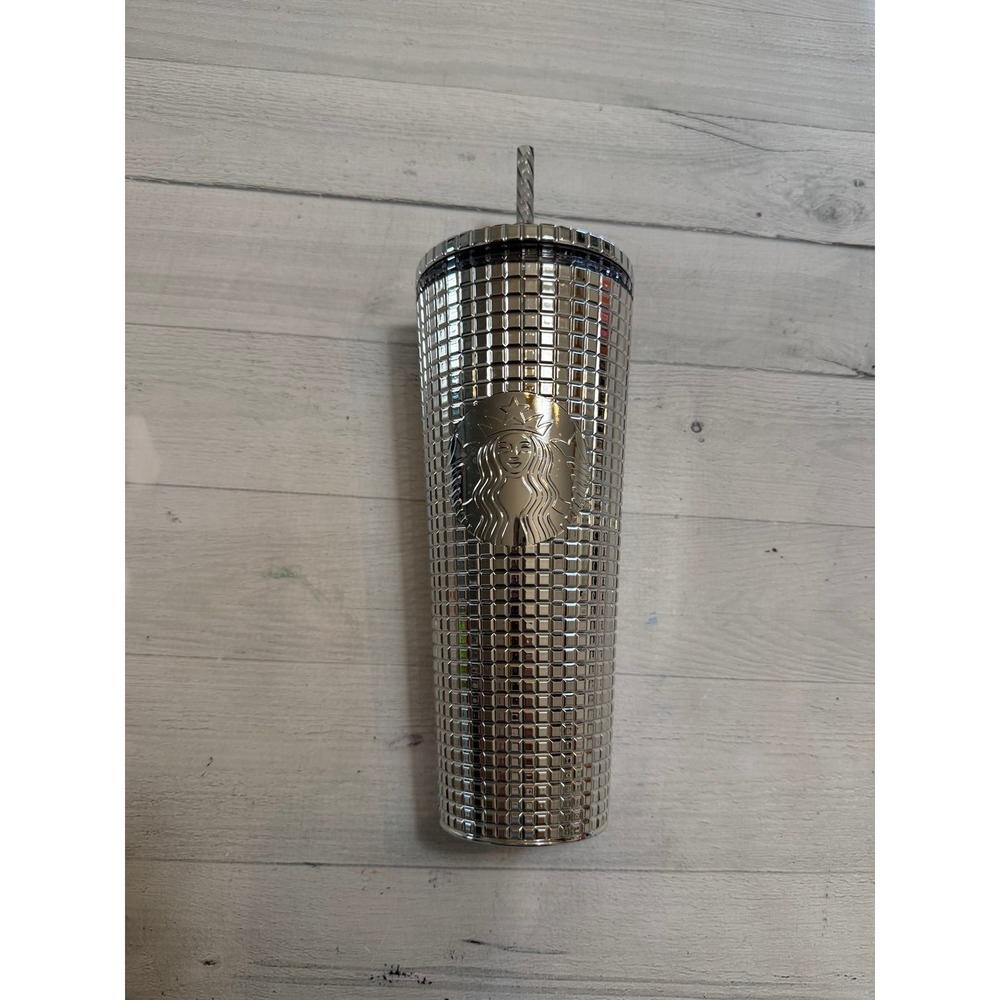 Starbucks holiday silver mirror grid 24oz‎ cold drink tumbler 2023